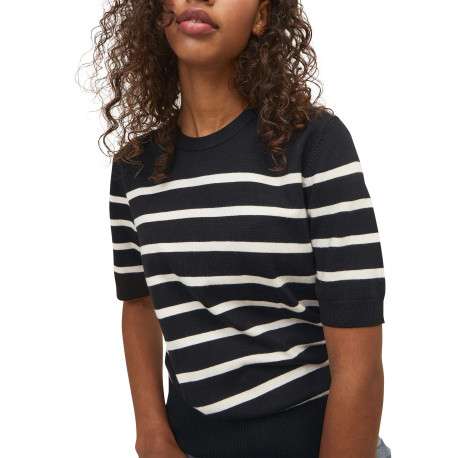 Pull noir orné d'un motif à rayures blanches et pourvu d'un col rond - Image 4