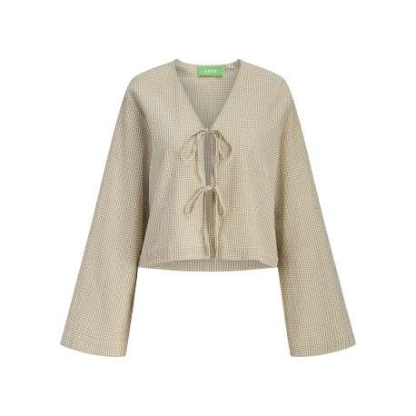 Chemisier en coton beige pourvu d'un motif à carreaux et de manches longues