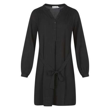 Robe courte noire unie avec une coupe fluide et un col tunisien avec boutons