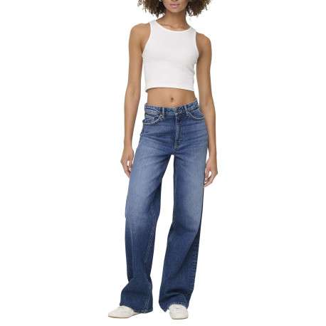 Jean bleu uni en coton avec une coupe flare et un effet délavé - Image 3