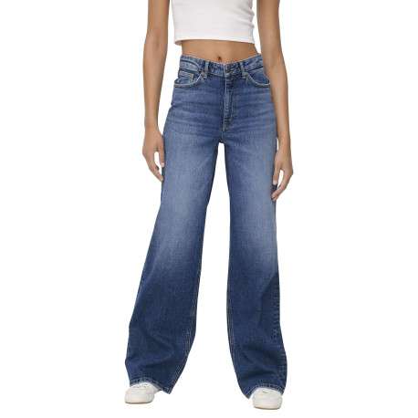 Jean bleu uni en coton avec une coupe flare et un effet délavé - Image 5