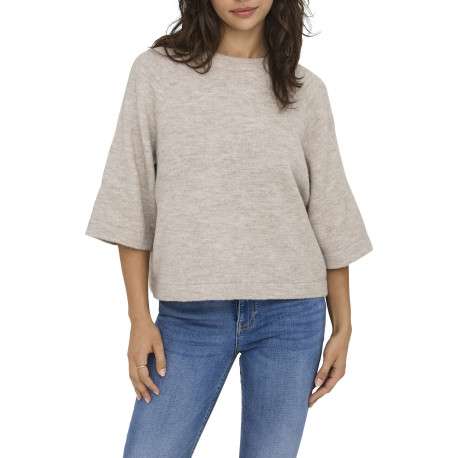 Pull beige uni à coupe droite avec un col rond et des manches 3/4 - Image 3