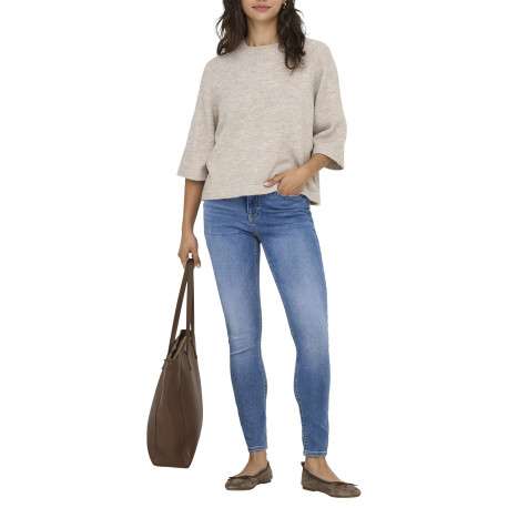 Pull beige uni à coupe droite avec un col rond et des manches 3/4 - Image 5