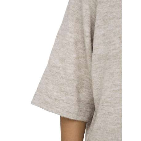 Pull beige uni à coupe droite avec un col rond et des manches 3/4 - Image 6