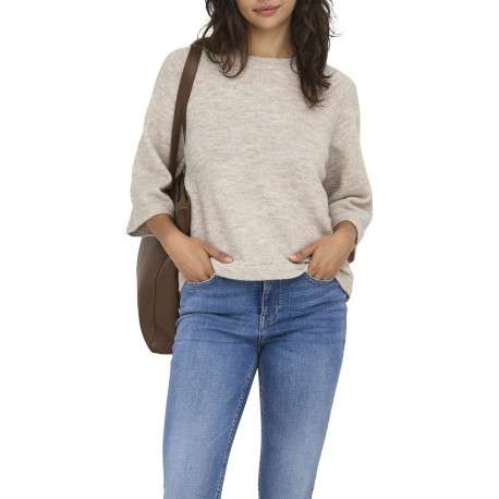 Pull beige uni à coupe droite avec un col rond et des manches 3/4 - Image 7
