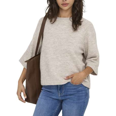Pull beige uni à coupe droite avec un col rond et des manches 3/4 - Image 8