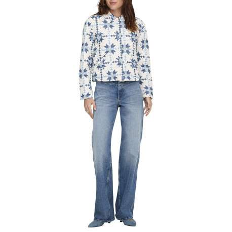 Blouson beige avec des imprimés bleus clairs et bleus foncé à coupe droite - Image 3