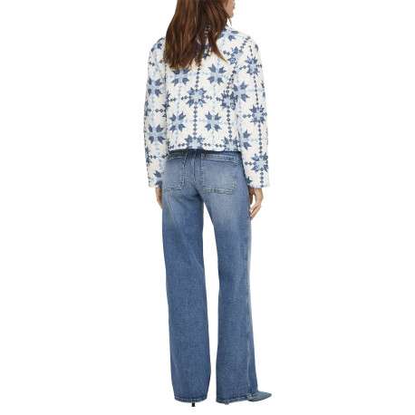 Blouson beige avec des imprimés bleus clairs et bleus foncé à coupe droite - Image 4