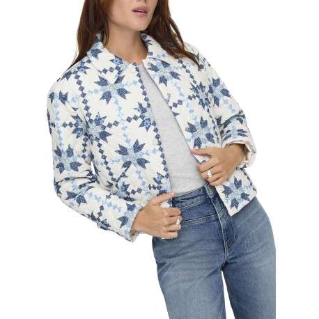 Blouson beige avec des imprimés bleus clairs et bleus foncé à coupe droite - Image 5