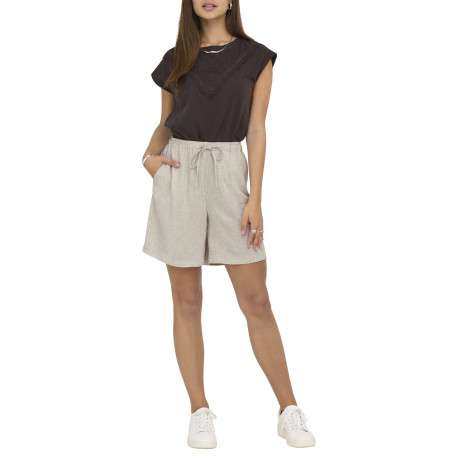 Short beige uni taille haute avec une coupe fluide et une taille élastiquée - Image 4