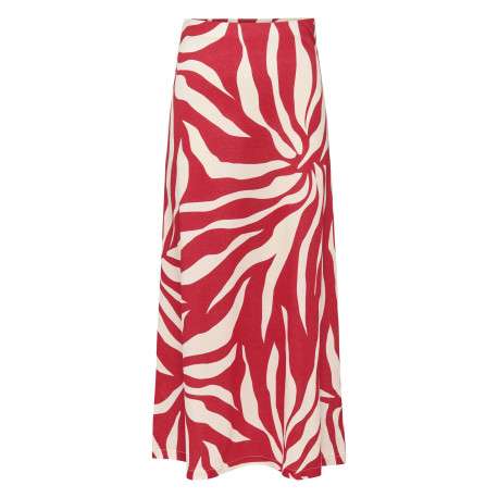 Jupe longue rouge avec des motifs floraux et une coupe fluide