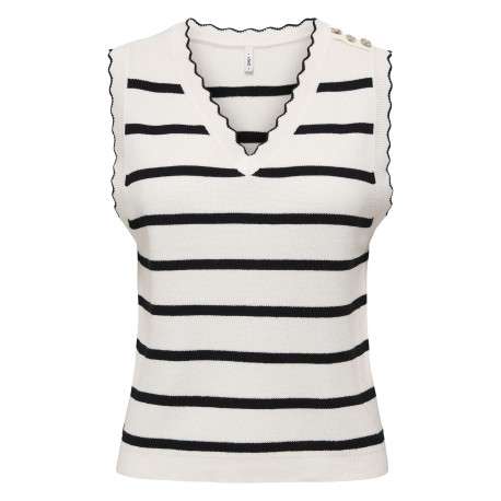 Top en coton écru avec des rayures noires à coupe droite et à col V