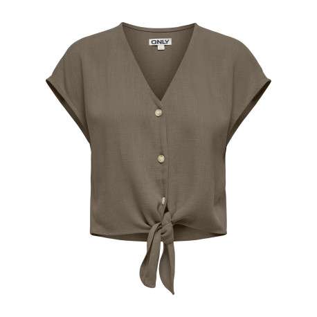 Chemisier fluide taupe uni avec une coupe droite et un col v