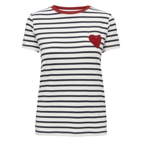 T-shirt blanc à rayures avec une coupe droite et un col rond