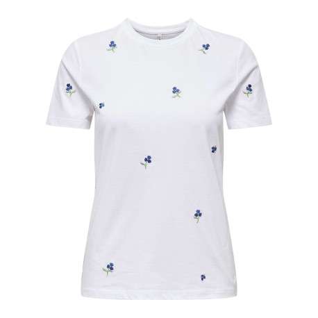 T-shirt en coton biologique blanc à fleurs avec une coupe droite et un col rond