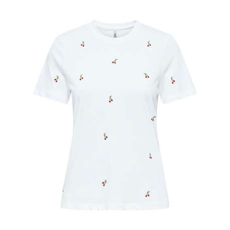 T-shirt en coton biologique blanc à cerises avec une coupe droite et un col rond