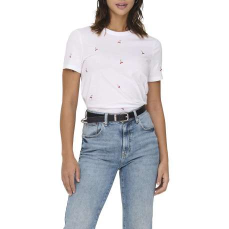 T-shirt en coton biologique blanc à cerises avec une coupe droite et un col rond - Image 3
