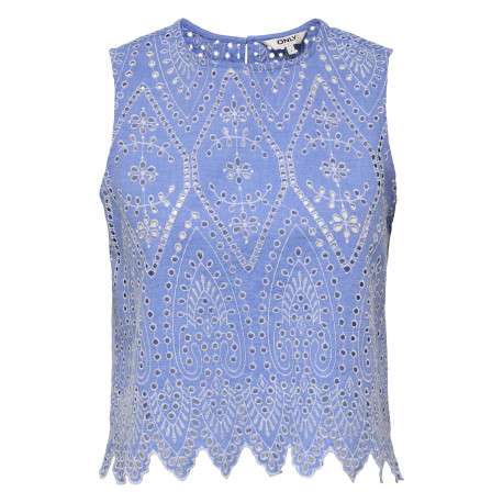 Top en coton bleu uni avec une coupe droite et un col rond