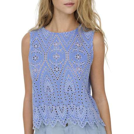 Top en coton bleu uni avec une coupe droite et un col rond - Image 4