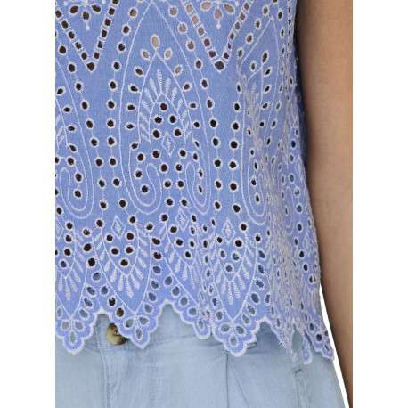 Top en coton bleu uni avec une coupe droite et un col rond - Image 5