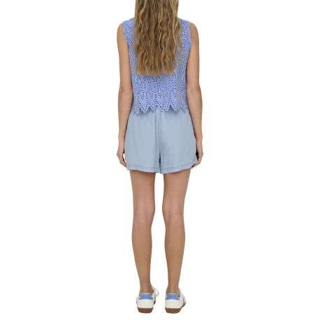 Top en coton bleu uni avec une coupe droite et un col rond - Image 6
