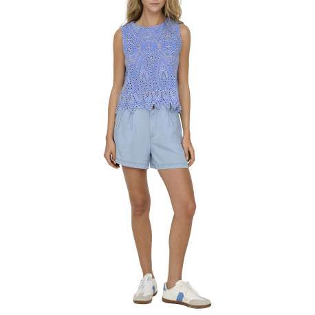 Top en coton bleu uni avec une coupe droite et un col rond - Image 7