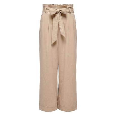 Pantalon beige uni fluide avec une coupe bootcut et une ceinture