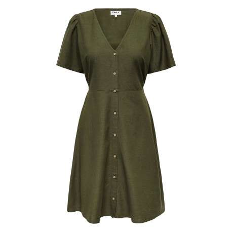 Robe courte kaki unie cintré avec une coupe fluide et un col V