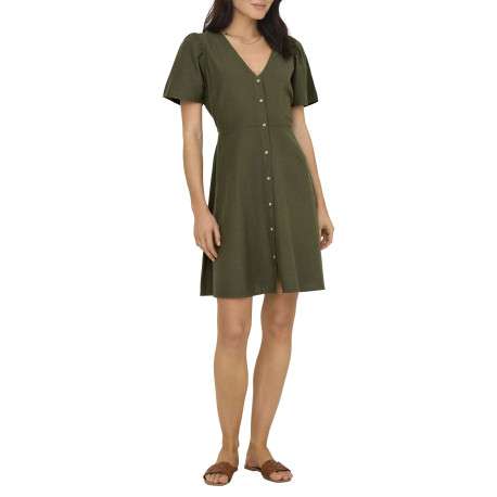 Robe courte kaki unie cintré avec une coupe fluide et un col V - Image 3