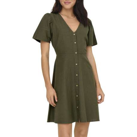 Robe courte kaki unie cintré avec une coupe fluide et un col V - Image 7