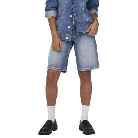 Short long en coton bleu uni avec une coupe large à zip et à bouton - Image 3