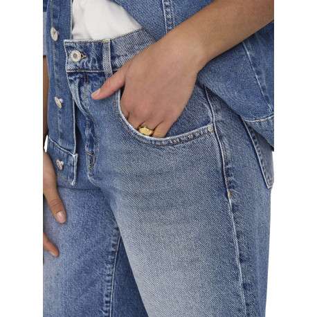 Short long en coton bleu uni avec une coupe large à zip et à bouton - Image 5
