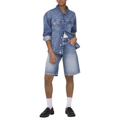 Short long en coton bleu uni avec une coupe large à zip et à bouton - Image 6