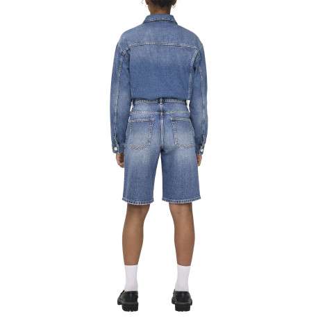Short long en coton bleu uni avec une coupe large à zip et à bouton - Image 7