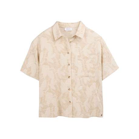 Chemisier en coton et lin mélangé beige à motifs coupe ajustée
