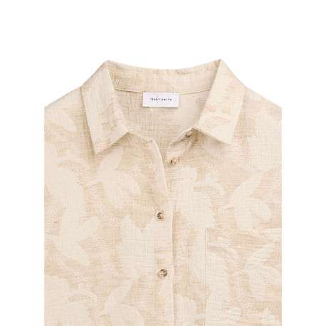 Chemisier en coton et lin mélangé beige à motifs coupe ajustée - Image 4