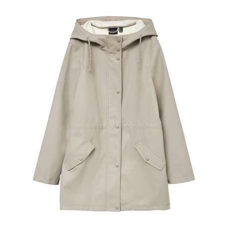 Imperméable ciré beige pourvu d'un col à capuche avec cordon de serrage