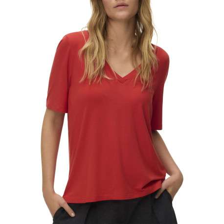 T-shirt brique coupe ajustée pourvu d'un col v et de manches courtes