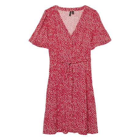 Robe courte rouge ornée d'un motif à pois et pourvu d'un col v