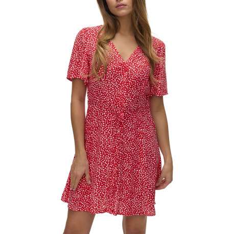 Robe courte rouge ornée d'un motif à pois et pourvu d'un col v - Image 2