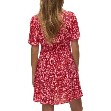 Robe courte rouge ornée d'un motif à pois et pourvu d'un col v - Image 3