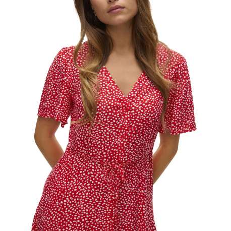Robe courte rouge ornée d'un motif à pois et pourvu d'un col v - Image 4