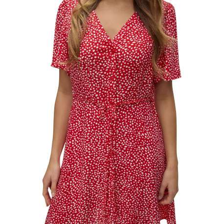 Robe courte rouge ornée d'un motif à pois et pourvu d'un col v - Image 5