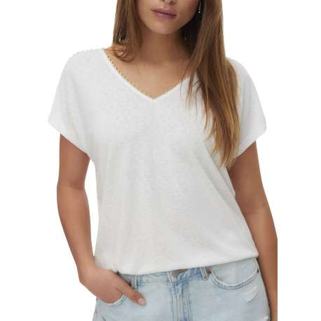 T-shirt blanc coupe droite pourvu d'un col v orné de liserés dorés