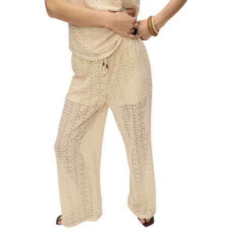 Pantalon beige en guipure coupe ample pourvu d'une taille élastiquée - Image 3
