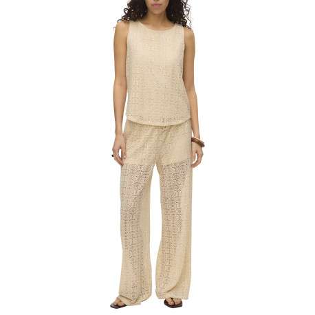 Pantalon beige en guipure coupe ample pourvu d'une taille élastiquée - Image 5