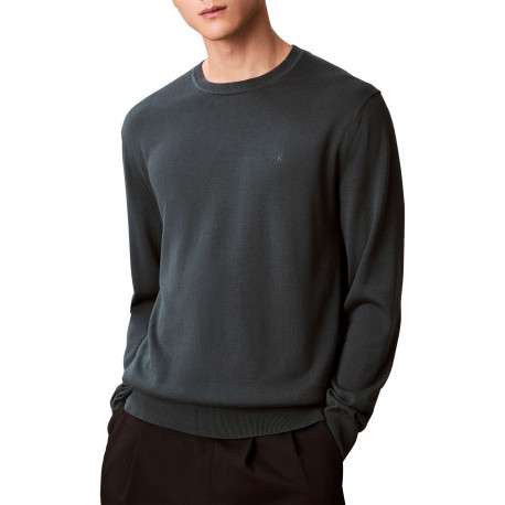 Pull en coton vert sapin uni avec une coupe droite et un col rond - Image 2