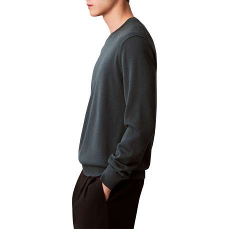 Pull en coton vert sapin uni avec une coupe droite et un col rond - Image 5