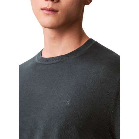 Pull en coton vert sapin uni avec une coupe droite et un col rond - Image 6