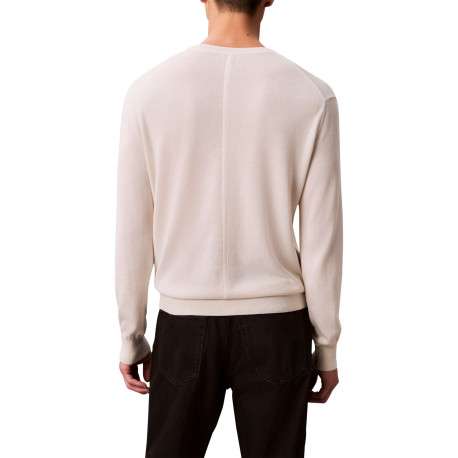Pull en coton écru uni avec un col rond et des manches longues - Image 2